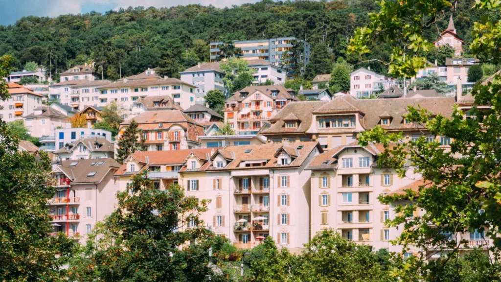 View of a city in the canton of Neuchâtel in Switzerland
